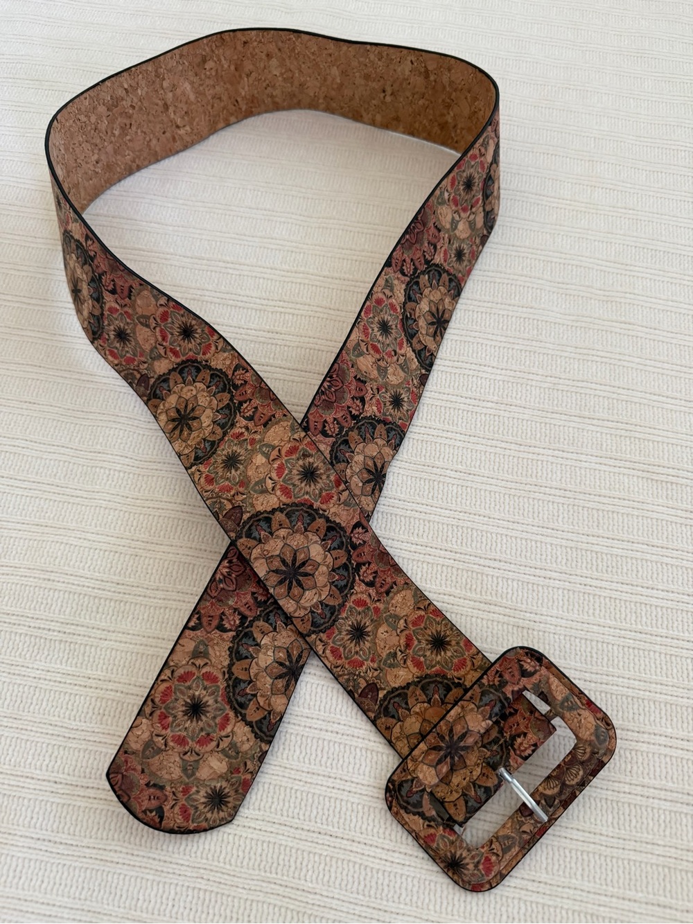 Vintage Boho Cork Patterned Wide Statement Belt Floral Mandala Tile Print